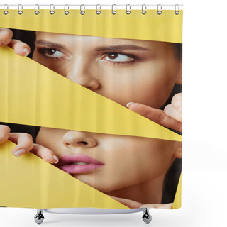 Personality  Collage Of Woman With Makeup Looking Away Across Triangular Hole And Touching Yellow Paper With Fingers Shower Curtains