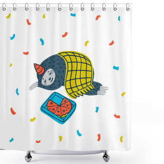 Personality  Animal Party. Lazy Sloth Party. Cute Sloth Sleeping Cozy Curled Up Under The Blanket With Pizza Box. Vector Illustration Shower Curtains