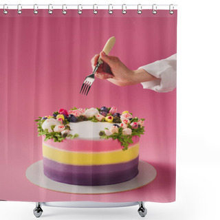 Personality  Cropped Shot Of Woman With Fork And Sweet Cake Decorated With Flowers Isolated On Pink Shower Curtains