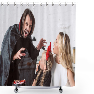 Personality  Portrait Of Parents And Daughter In Halloween Costumes At Table With Treats In Black Pot In Kitchen At Home Shower Curtains