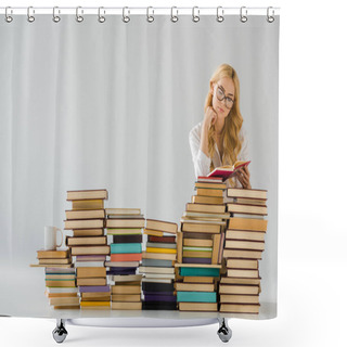 Personality  Beautiful Woman In Glasses Reading Near Pile Of Books Shower Curtains