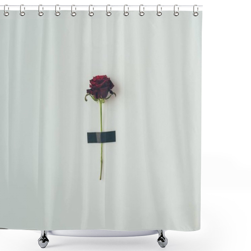 Personality  top view of rose with black insulating tape isolated on white, valentines day concept shower curtains