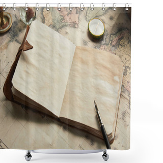 Personality  Vintage Blank Notebook With Fountain Pen Near Compass On Map Background Shower Curtains