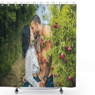 Personality  Love Concept. Passion Love Couple. Romantic Moment. Sexy Couple Makes Love In The Garden, Passion. Shower Curtains