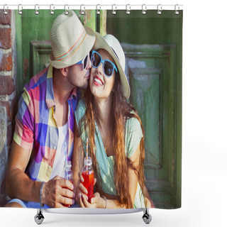Personality  Happy Young Couple In The Street Wearing Hats And Sunglasses Shower Curtains