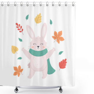 Personality  Cute White Bunny In Scarf With Autumn Leaves. Autumn, Hello Autumn. Vector Illustration Shower Curtains