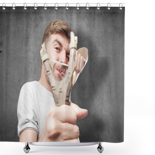 Personality  Blond Man With A Slingshot Shower Curtains