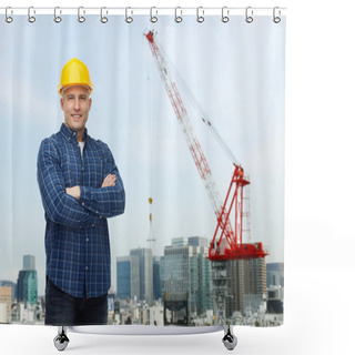 Personality  Smiling Male Builder Or Manual Worker In Helmet Shower Curtains