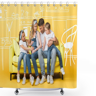 Personality  Emotional Pregnant Wife, Husband And Children Sitting On Sofa On Yellow, Interior Illustration Shower Curtains