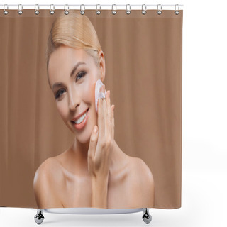 Personality  Beautiful Happy Woman With Perfect Skin Applying Makeup With Powder Puff, Isolated On Brown Shower Curtains