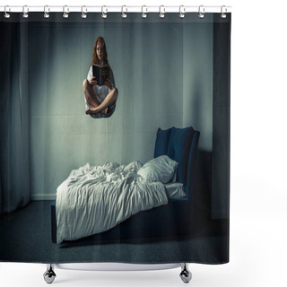 Personality  Demonic Woman In Nightgown Levitating Over Bed While Reading Bible Shower Curtains