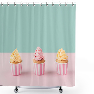 Personality  Three Cupcakes With Buttercream In Row On Pastel Background Shower Curtains