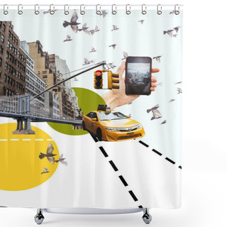 Personality  Cropped Shot Fo Man With Smartphone Taking Picture Of New York City With Birds, Taxi And Circles Illustration Shower Curtains