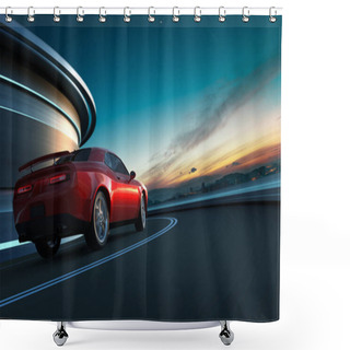 Personality  Rear Angle View Of A Generic Red Brandless American Muscle Car In A City Street Road  With Motion Blur  Shower Curtains