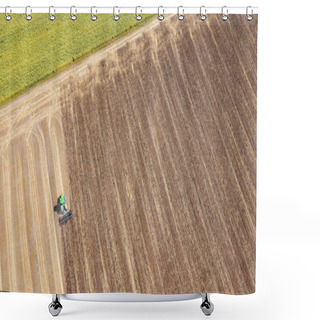 Personality  Panoramic View Of Tractor Plowing The Soil After Harvesting On The Field. Aerial View From The Drone Of The Field After Harvest. Top View Shower Curtains