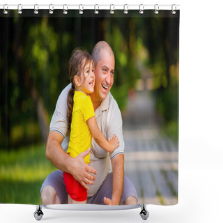Personality  Happy Dad Squatting Down On His Knees With His Little Girl Are Smiling And He Wants To Embrace Her With Love, Spend Good Time Together In The Park. Shower Curtains
