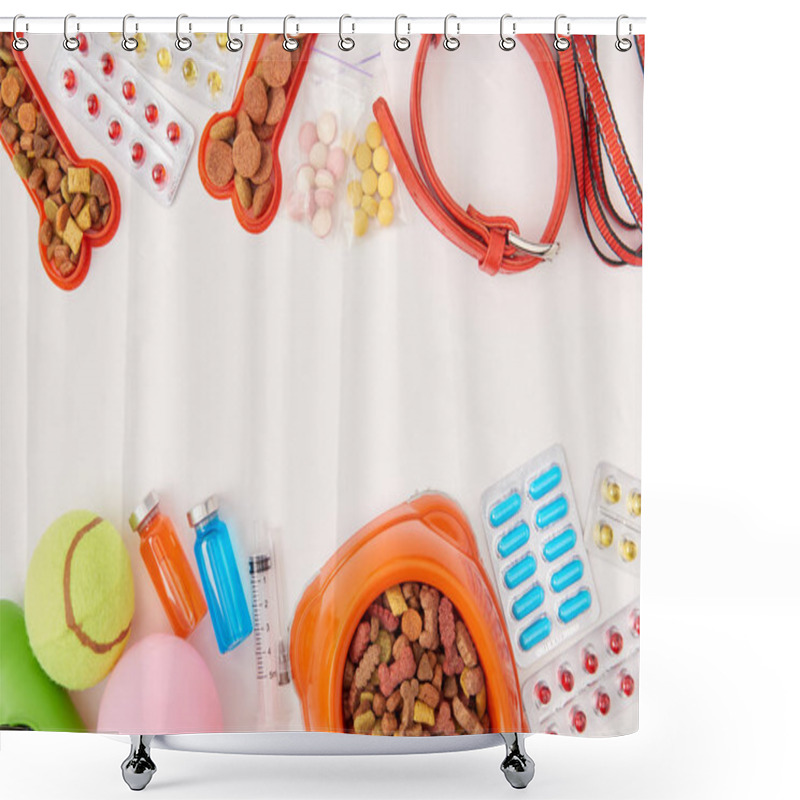 Personality  Flat Lay With Dog Collar, Various Pills, Balls And Bowl With Dog Food On White Surface Shower Curtains