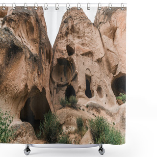 Personality  Low Angle View Of Beautiful Caves In Sandstone At Famous Cappadocia, Turkey  Shower Curtains