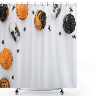 Personality  Top View Of Halloween Cupcakes With Spiders And Skulls On White Background With Copy Space Shower Curtains