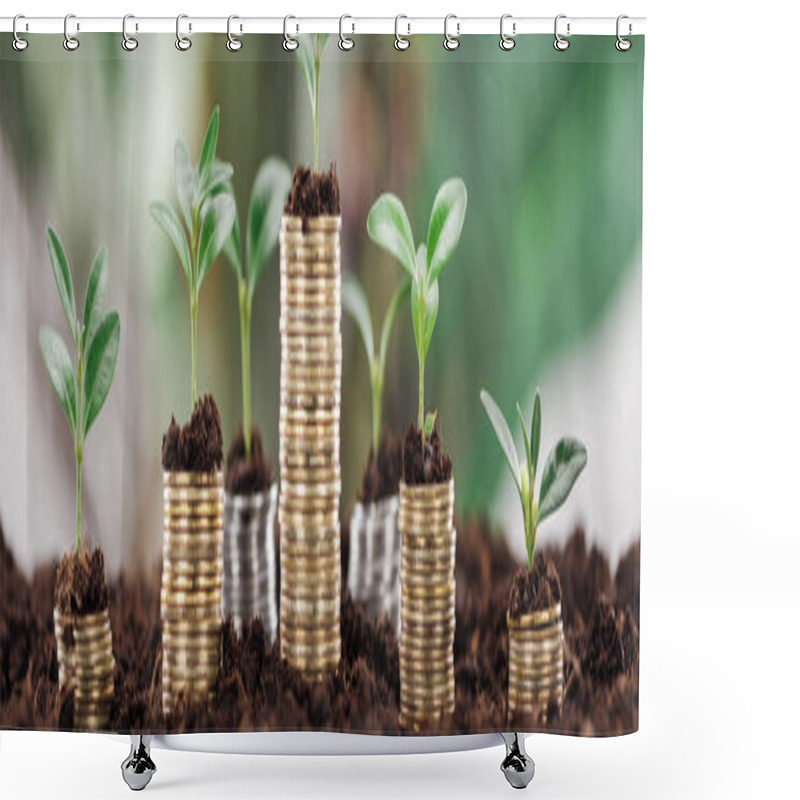 Personality  Panoramic Shot Of Golden Coins With Green Leaves And Soil, Financial Growth Concept Shower Curtains