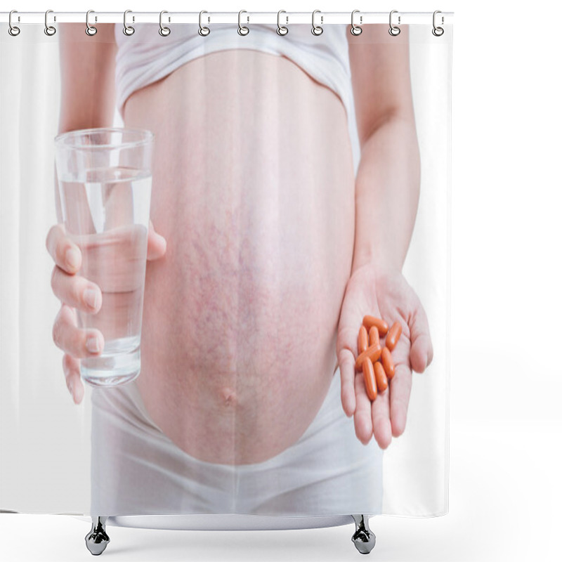 Personality  Pregnant Woman Taking Medicines On White Background. Shower Curtains