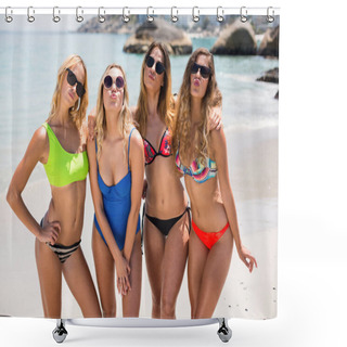 Personality  Female Friends In Bikinis Puckering  Shower Curtains