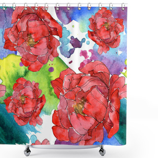 Personality  Red Peonies Watercolor Illustration Set. Seamless Background Pattern. Fabric Wallpaper Print Texture. Shower Curtains