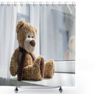Personality  Close Up View Of Cute Teddy Bear On Window Sill  Shower Curtains
