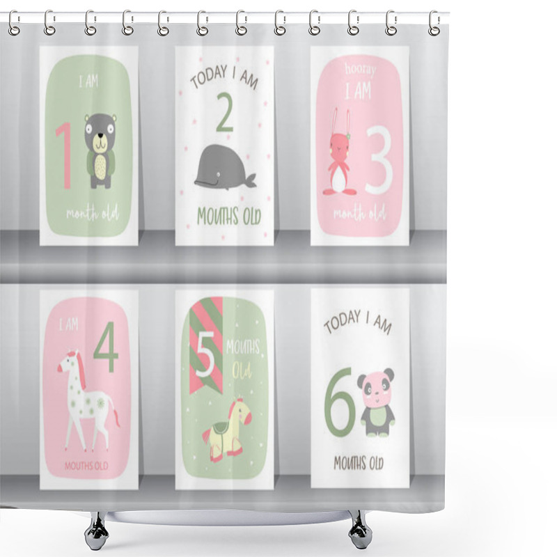Personality  Cute Baby Month Anniversary Card,Milestone Cards,Vector Illustrations. Shower Curtains