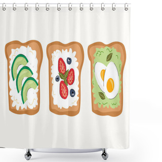 Personality  Tasty Breakfast. Healthy Food Concept. Various Toasts. Boiled Eggs, Avocado Toast, Strawberries, Blueberries, Cream Cheese. Colored Vector Set Isolated On White Background Shower Curtains