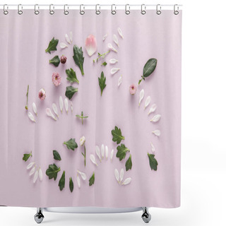 Personality  Top View Of Blooming Spring Chrysanthemum Petals And Leaves On Violet Background Shower Curtains