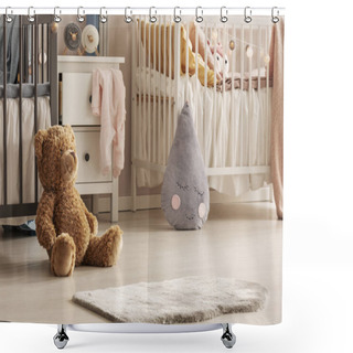 Personality  Close-up Of A Cute Teddy Bear And A Gray Raindrop Pillow On The Floor Of A Scandi Bedroom Interior For Twins. Real Photo Shower Curtains
