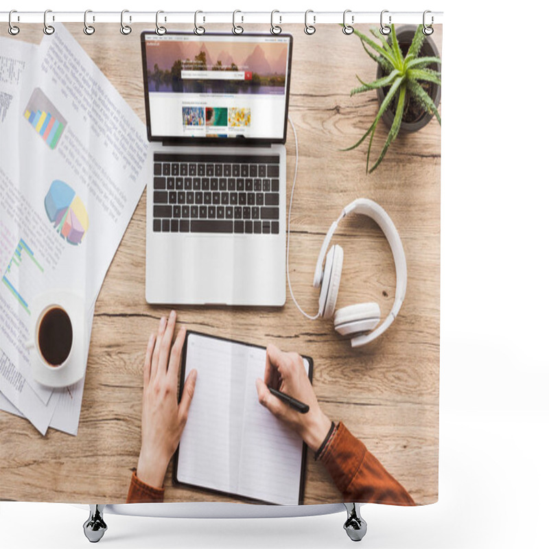 Personality  Partial View Of Man Making Notes In Notebook At Workplace With Laptop With Shutterstock Website, Papers, Cup Of Coffee And Headphones Shower Curtains