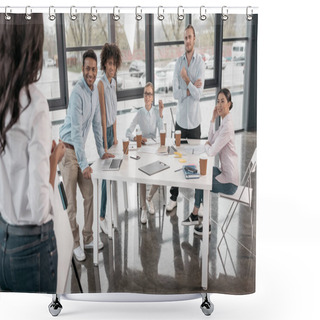 Personality  Woman Providing Business Seminar For Colleagues Shower Curtains