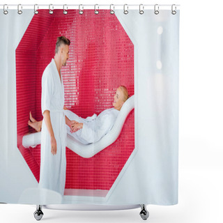 Personality  Handsome Husband Standing Near Wife While Woman Lying On White Deck Chair In Mosaic Octagon Shower Curtains