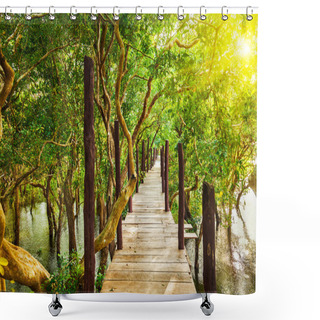 Personality  Wooden Bridge In Flooded Rain Forest Jungle Of Mangrove Trees Shower Curtains