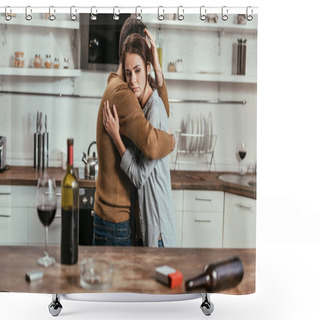Personality  Selective Focus Of Man Supporting Wife With Alcohol Addiction At Kitchen Shower Curtains