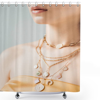 Personality  Cropped View Of Young Woman With Shiny Lips In Golden Necklaces Isolated On Grey Shower Curtains