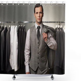 Personality  Businessman In Classic Vest Against Row Of Suits In Shop Shower Curtains