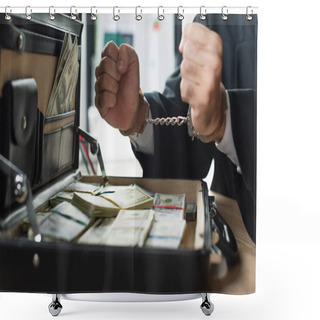 Personality  Partial View Of Handcuffed Businessman Near Blurred Briefcase With Dollars, Anti-corruption Concept Shower Curtains