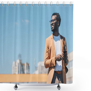 Personality  Cheerful African American Businessman Using Smartphone And Smiling With Blue Sky On Background Shower Curtains