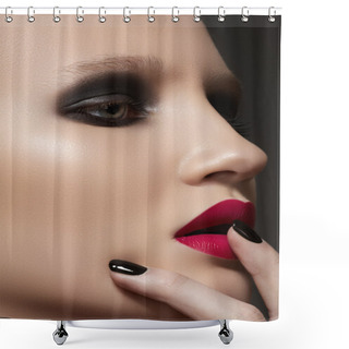 Personality  Beautiful Close-up Portrait Of Fashion Woman Model With Glamour Bright Makeup, Dark Magenta Lipstick, Black Nail Polish. Evening Catwalk Style, Trend Visage And Manicure Shower Curtains