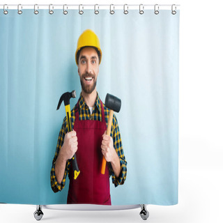 Personality  Cheerful Bearded Workman Holding Hammers On Blue  Shower Curtains