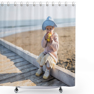 Personality  Toddler Kid Eating Ripe Apple While Sitting On Wooden Pier In Italy  Shower Curtains