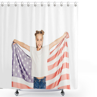 Personality  Portrait Of Smiling Adorable Kid Holding American Flag And Looking At Camera Isolated On White Shower Curtains