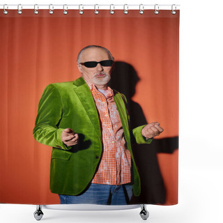 Personality  Cool Senior Man In Dark Sunglasses, Trendy Shirt And Green Velour Blazer Gesturing And Pouting Lips While Having Fun And Posing On Red And Orange Background With Shadow, Fashionable And Happy Aging Shower Curtains