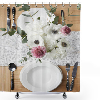 Personality  Festive Table With Cutlery And Plates On Table With Flowers Shower Curtains