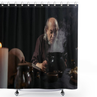 Personality  Senior Alchemist Near Boiling And Steaming Pot Preparing Potion At Night Isolated On Black Shower Curtains