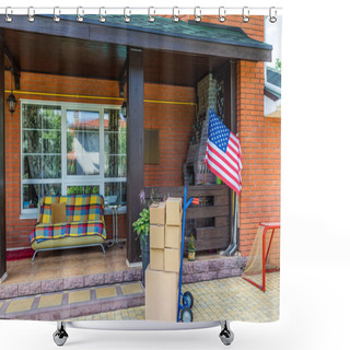 Personality  Hand Truck With Cardboard Boxes And Sofa On Porch Of Country House Shower Curtains