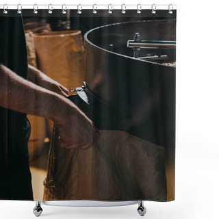 Personality  Male Hands Filling Paper Bag With Freshly Roasted Beans Shower Curtains